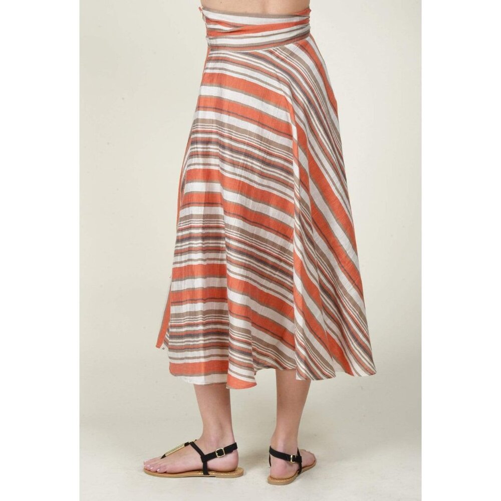 Anthropologie Eva Franco Orange Linen Stripe Full Circle Skirt with Waist Tie - Picture 2 of 3